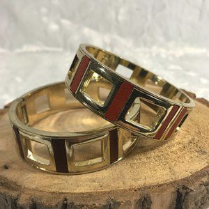 Vintage pair Faux leather clamper bracelets geo